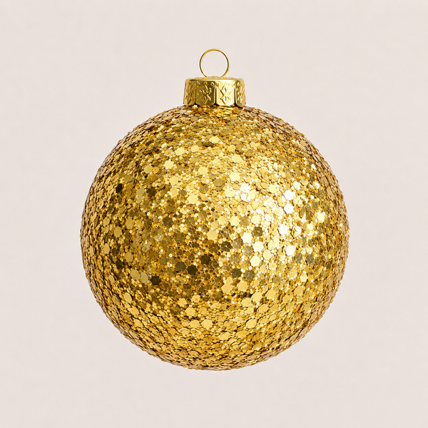 A round gold glitter Christmas ornament with a small hanging loop at the top, shown against a plain light beige background.