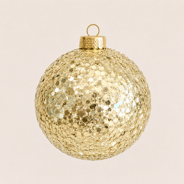 A round gold glitter Christmas ornament with a textured metallic cap and hanging loop, shown against a solid light beige background.