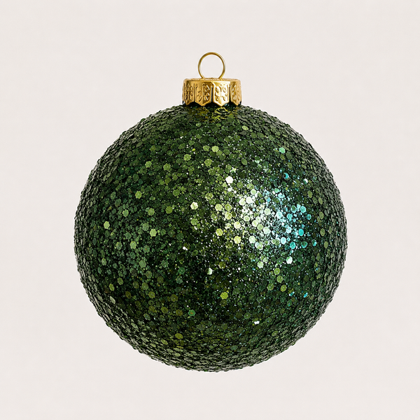 A spherical Christmas ornament covered in dark green glitter, featuring a gold metal cap and hanging loop, set against a plain light gray background.