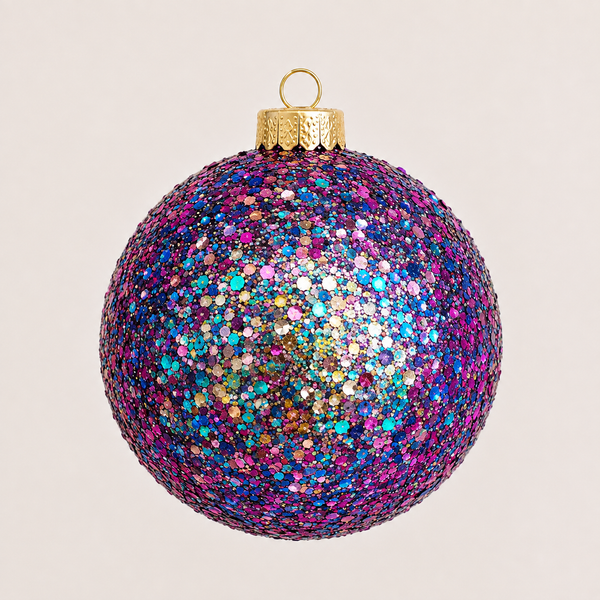 A round Christmas ornament covered in dense iridescent glitter with a gold hanging loop and cap, shown against a plain light beige background.
