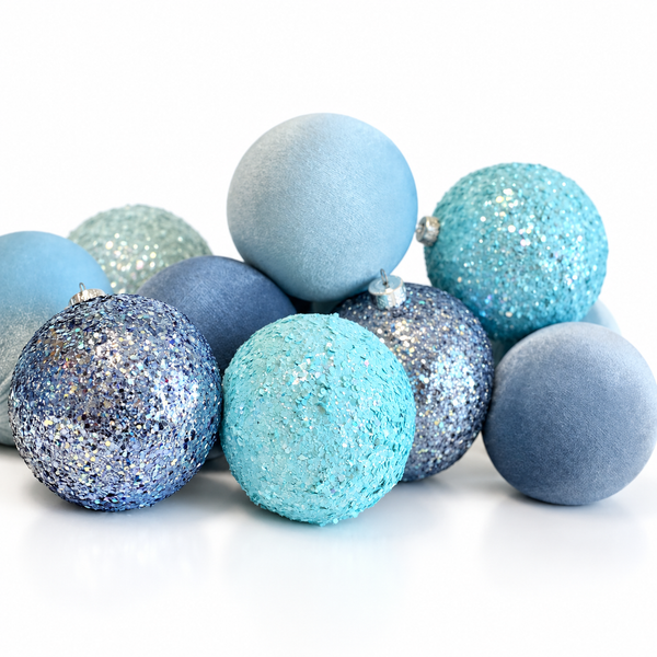 12 Blue Velvet and Glitter Christmas Ornaments – Handmade Ball Set