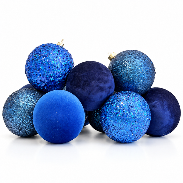 Blue Velvet & Glitter Christmas Balls: Handmade Flocked Ornaments, Set of 12