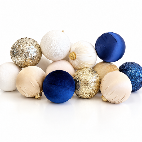12 pcs Luxury Gold Blue Christmas Ornaments, Mix of Velvet Satin Glitter Textured Balls, Elegant Holiday Tree Decorations, Christmas Gifts