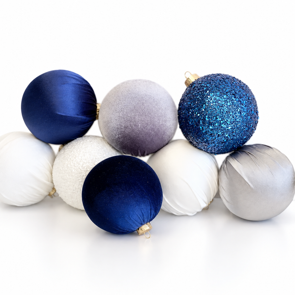 9 pcs Luxury Silver Blue Christmas Ornaments, Mix of Velvet Satin Glitter Textured Balls, Elegant Holiday Tree Decorations, Christmas Gifts