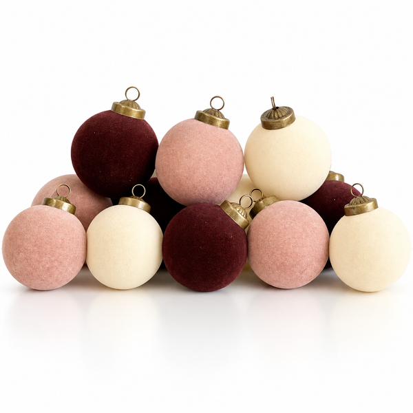 12 pcs Earth Tone Velvet Christmas Ornaments Brown, Creamy and Beige Cozy Holiday Tree Decor, Boho Farmhouse