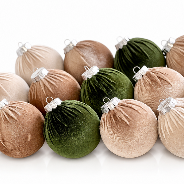 A group of velvet Christmas tree ornaments in beige, brown, and dark green, arranged on a clean white background.