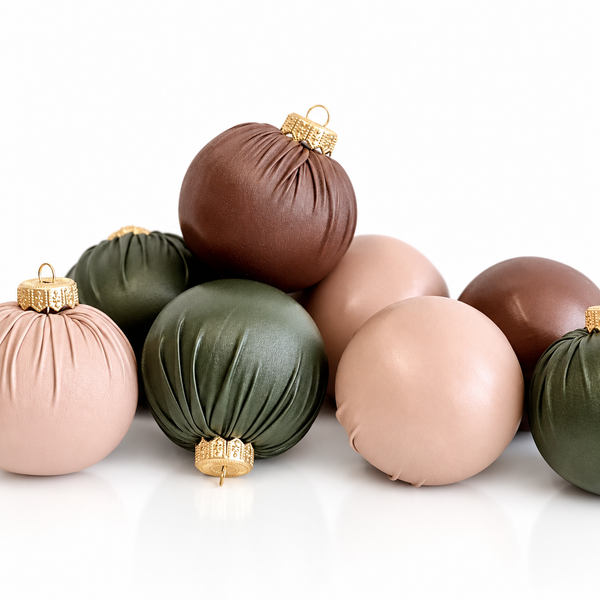 A group of decorative fabric ornaments in muted earthy tones, including dusty pink, olive green, dark brown, and light beige, each with a gold hanging loop and cap, arranged on a white reflective surface.