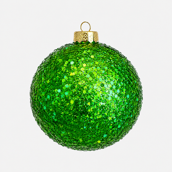 A green glitter Christmas ornament with a gold cap and loop, shown against a plain light gray background.