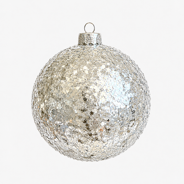 A spherical Christmas ornament covered in textured silver sequins, featuring a silver cap and hanging loop, shown against a plain light gray background.