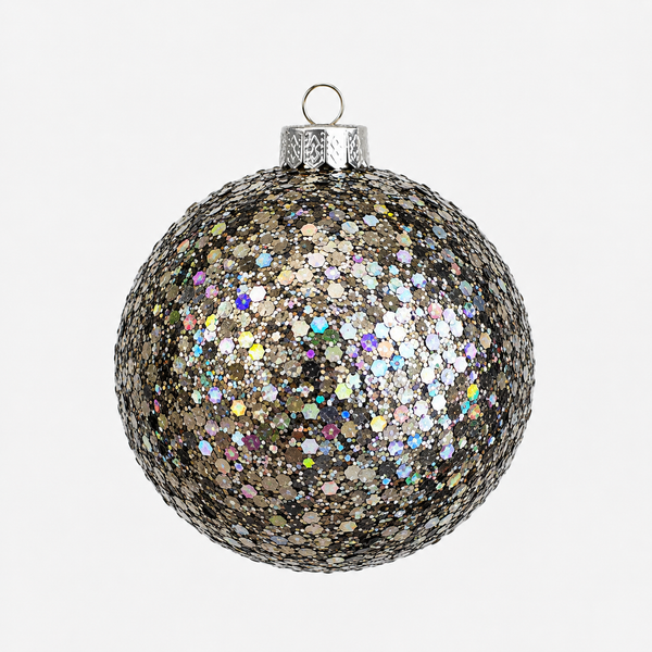 A spherical Christmas ornament covered in dense silver and iridescent glitter, with a silver metal cap and hanging loop, shown on a plain light gray background.