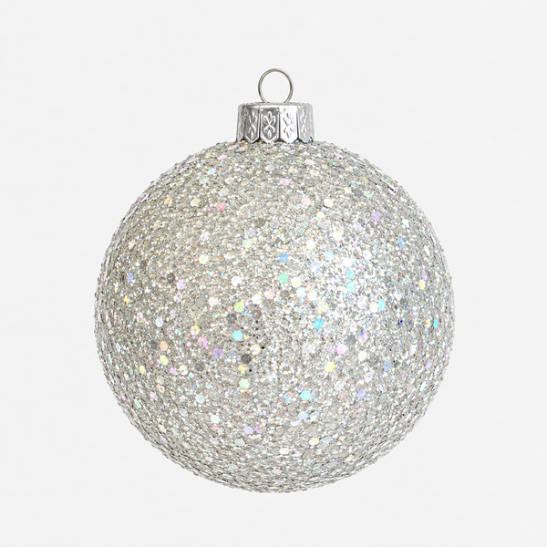 A spherical silver Christmas ornament covered in dense iridescent glitter, featuring a silver metal cap and hanging loop, set against a plain light gray background.