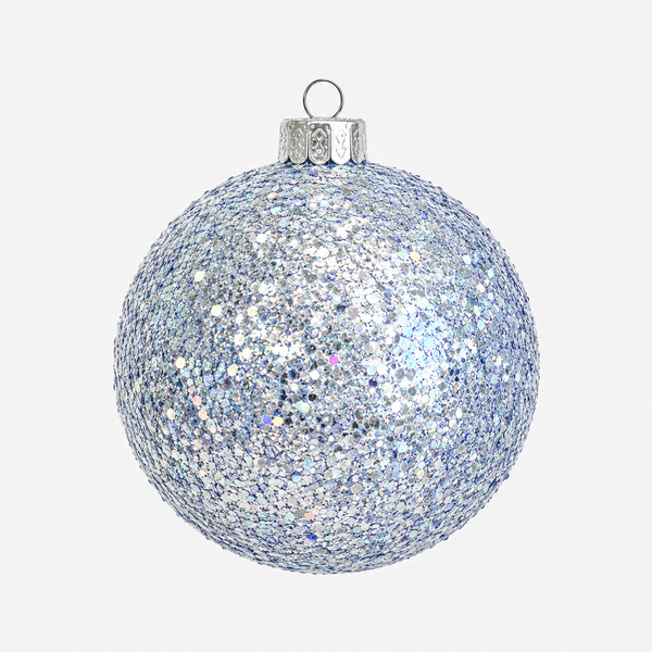 A spherical Christmas ornament covered in dense iridescent silver glitter, featuring a silver metal cap and hanging loop, shown against a plain light gray background.