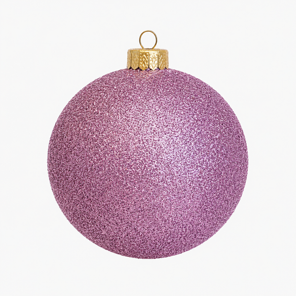 A spherical purple glitter Christmas ornament with a textured gold cap and hanging loop, shown against a plain white background.