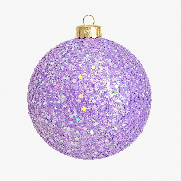 A spherical Christmas ornament covered in iridescent lavender glitter with a gold hanging cap and loop, shown on a plain light gray background.