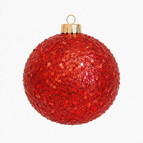A round red glitter Christmas ornament with a gold hanging cap and loop, shown against a plain white background.