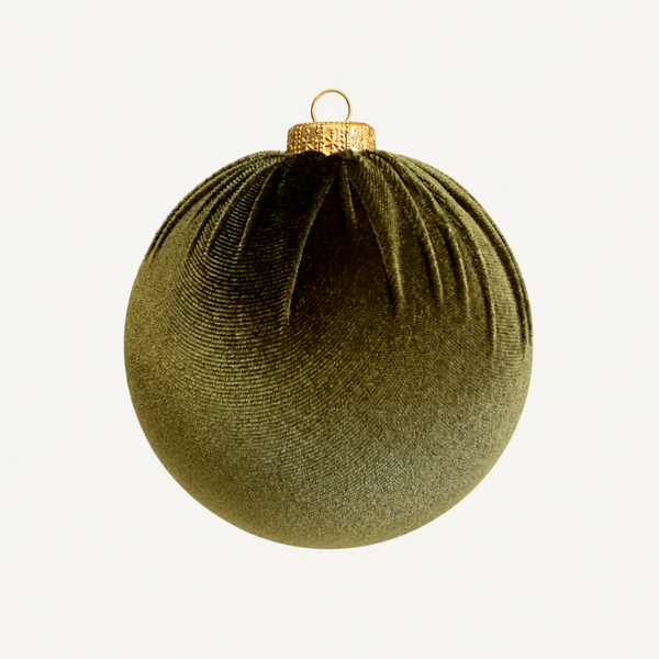 A textured olive green velvet Christmas ornament with a gold cap and hanging loop, shown against a plain white background.
