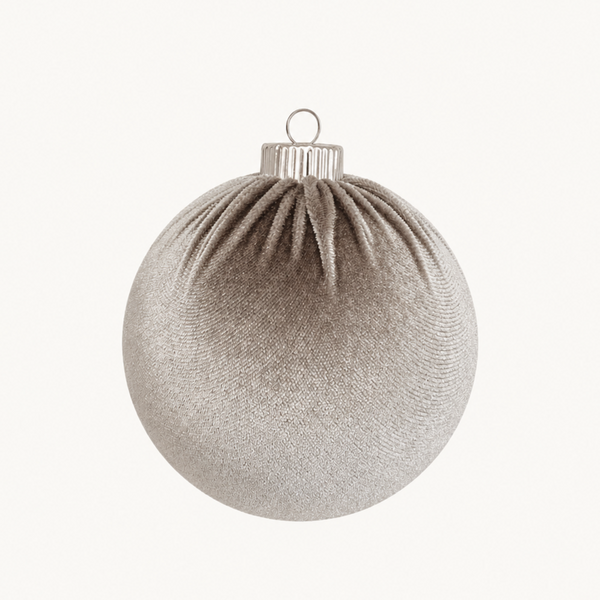A single textured silver Christmas ornament ball with a ribbed cap and hanging loop, centered against a clean off-white background.