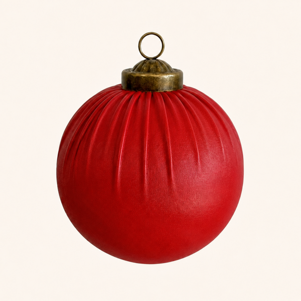 A red pleated Christmas ornament with a gold metal cap and hanging loop, centered on a light cream background.