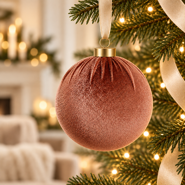 A textured dusty rose velvet Christmas ornament hanging from a green Christmas tree with warm white lights and a cream ribbon, set against a softly blurred cozy living room background.
