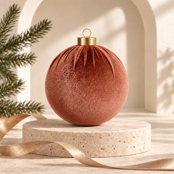 A textured terracotta Christmas ornament with a gold cap and ring, displayed on a round stone pedestal with a gold ribbon and pine branches in the background.