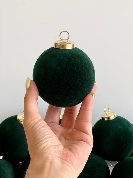 Flocked Christmas Ornaments: Emerald Green- 12 pcs 3,15" Boho Holiday Decor