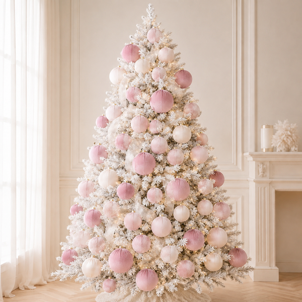 A flocked Christmas tree decorated with numerous soft pink and white spherical ornaments, styled in a warm, elegant room with a cream-colored fireplace and curtains.