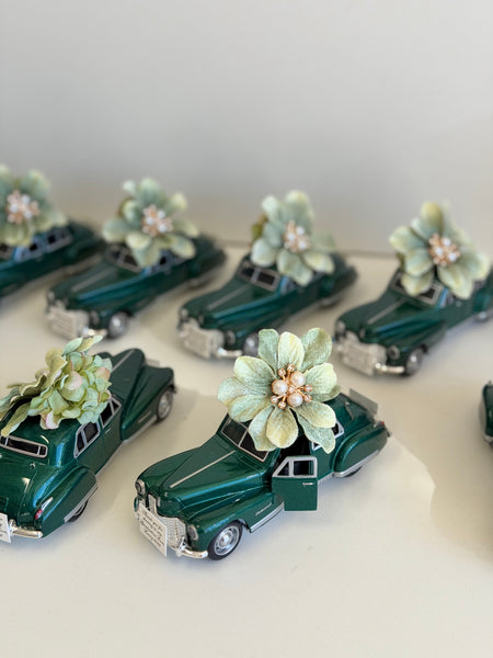 Vintage Elegance Car Wedding Favors, Emerald Green Personalized Guest Keepsakes, Luxury Custom Party Gifts