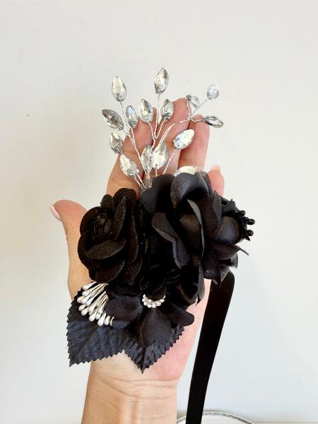 Black Corsage and Boutonniere Set, Wedding Bracelet, Prom Wrist Corsage Set