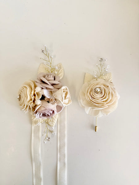 Ivory Beige Sola Wood Flower Corsage and Boutonniere Set, Prom Party Corsage Set