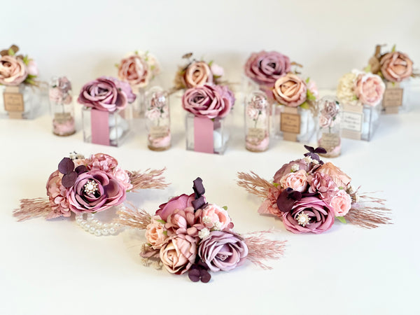 Dusty Rose Wedding Corsages, Prom Corsage and Boutonniere Set, Wrist Corsage, Mauve Wrist Corsage, Bridesmaids Corsage, Bridal Bracelets