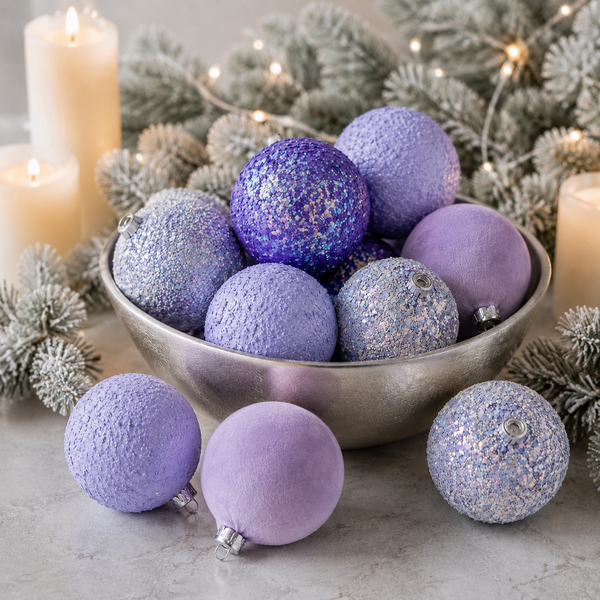 A collection of purple and lavender Christmas ornaments in textured matte, glittery, and iridescent finishes, displayed in a silver bowl with holiday greenery and candles.