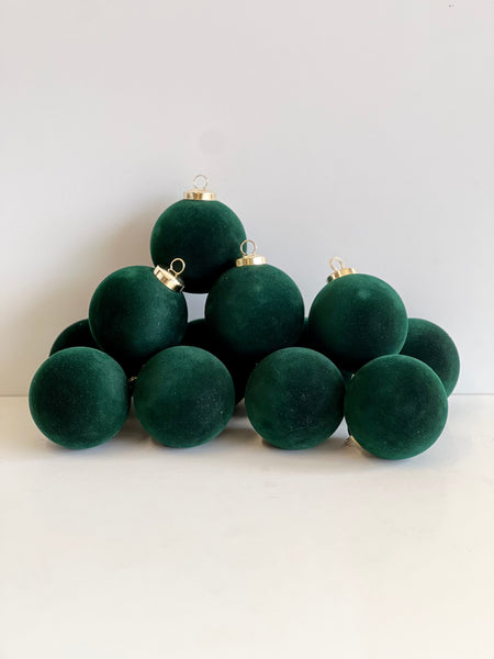 Flocked Christmas Ornaments: Emerald Green- 12 pcs 3,15" Boho Holiday Decor