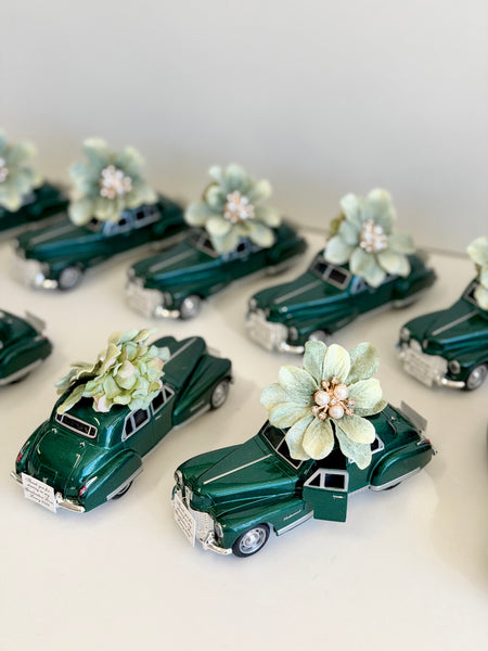 Vintage Elegance Car Wedding Favors, Emerald Green Personalized Guest Keepsakes, Luxury Custom Party Gifts