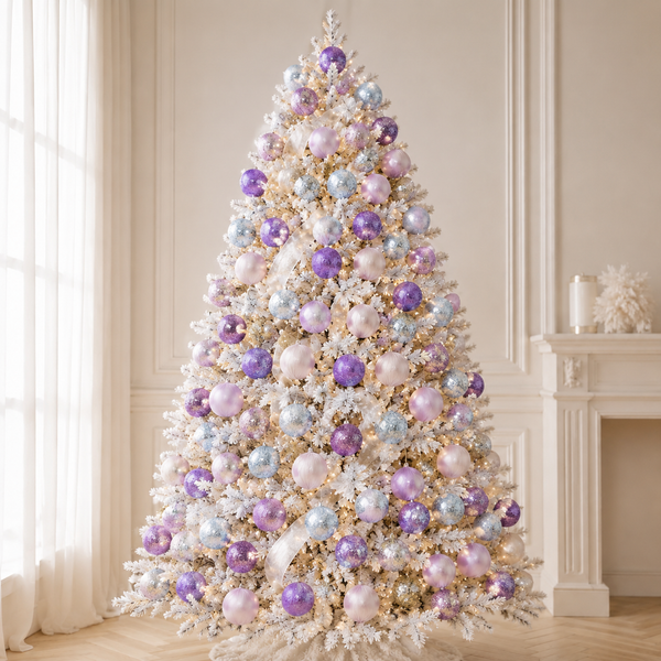 A flocked Christmas tree decorated with pastel purple, lavender, light blue, and pale pink ornaments, styled in a warm, elegant room with a cream-colored fireplace and curtains.
