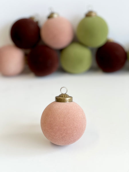 Flocked Christmas Ornaments: Olive Green, Beige, Brown Colors- 9 pcs 3,15" Boho Holiday Decor