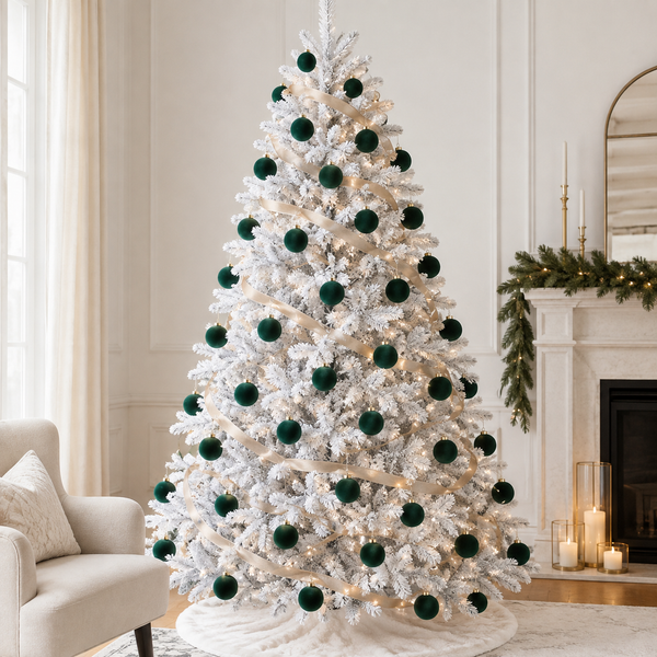 Flocked Christmas Ornaments: Emerald Green- 12 pcs 3,15" Boho Holiday Decor
