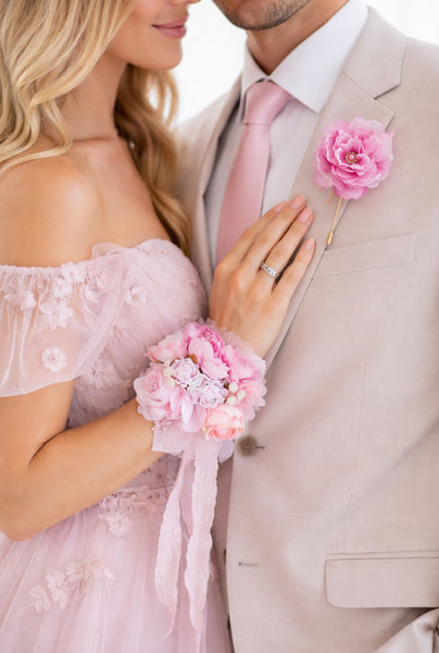 Baby Pink Prom Corsage and Boutonniere Set, Wedding Corsages, Wrist Corsage, Bridesmaids Corsage, Bridal Bracelets