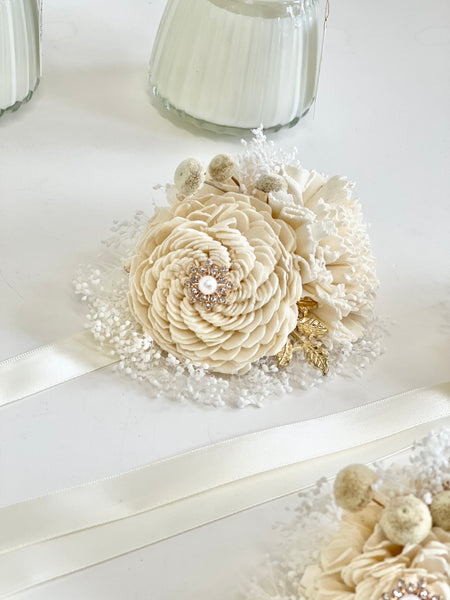 Ivory Sola Wood Flower Corsage and Boutonniere Set, Prom Party Corsage Set