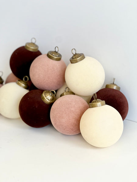 12 pcs Earth Tone Velvet Christmas Ornaments Brown, Creamy and Beige Cozy Holiday Tree Decor, Boho Farmhouse