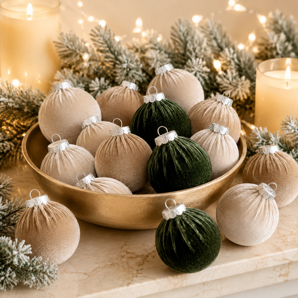 15 pcs Earth Tone Velvet Christmas Ornaments in Neutral Beige, Taupe and Forest Green, Handmade Cozy Holiday Tree Decor, Boho Farmhouse