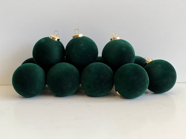 Flocked Christmas Ornaments: Emerald Green- 12 pcs 3,15" Boho Holiday Decor