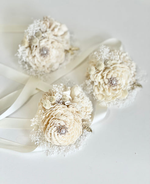 Ivory Sola Wood Flower Corsage and Boutonniere Set, Prom Party Corsage Set