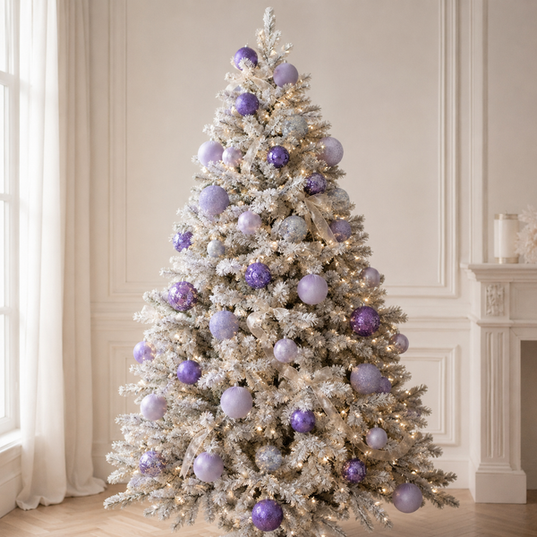 A flocked Christmas tree decorated with white and lavender ornaments, set in a bright, elegant room with a fireplace and window.