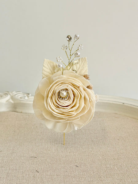 Ivory Beige Sola Wood Flower Corsage and Boutonniere Set, Prom Party Corsage Set