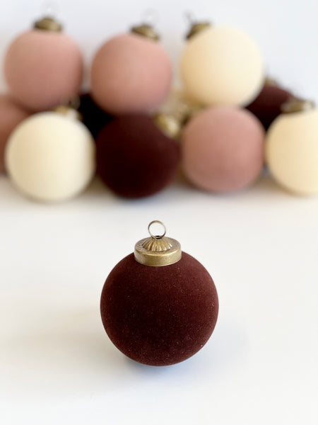 12 pcs Earth Tone Velvet Christmas Ornaments Brown, Creamy and Beige Cozy Holiday Tree Decor, Boho Farmhouse