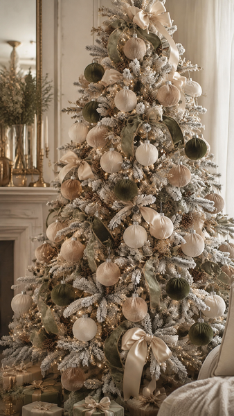 A decorated Christmas tree in a warm, elegant room, adorned with cream, beige, and olive green ornaments, ribbons, and lights, with wrapped gifts at its base.