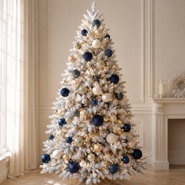 A flocked Christmas tree decorated with navy blue, cream, and metallic gold ornaments, set in a bright, elegant room with a fireplace and window.