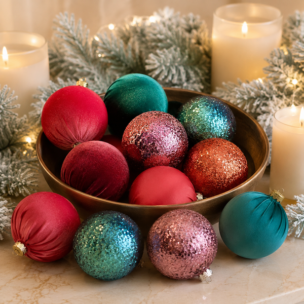 A bowl and scattered arrangement of colorful Christmas ornaments in matte red, glitter pink, glitter teal, and glitter copper, styled with white candles, flocked pine branches, and warm string lights.