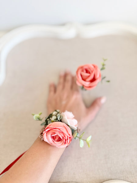 Coral Prom Corsage and Boutonniere Set, Wedding Wrist Corsage, Bridesmaids Corsage, Bridal Bracelets
