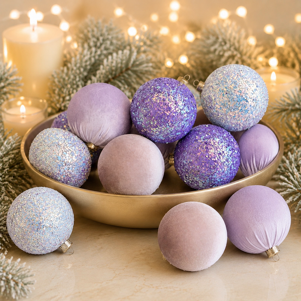 A set of lavender and light blue Christmas ornaments, including both glittery and velvet textures, arranged in a gold bowl with candles and pine branches in the background.